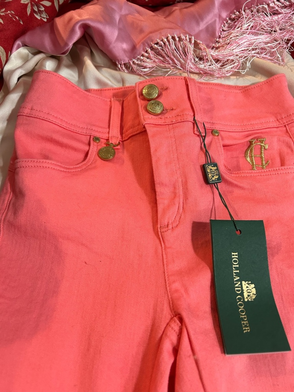Holland Cooper High-Rise Jeans in Coral Pink